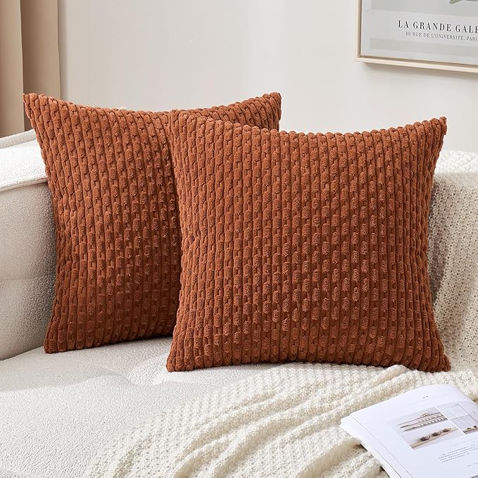 MIULEE Burnt Throw Pillow Covers Soft Corduroy Decorative Set of 2 Boho Striped Pillow Covers Pillowcases Farmhouse Home Decor for Couch Bed Sofa Living Room 18x18 Inch