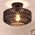 Boho Rattan Ceiling Light Fixture, Mini Rattan Chandelier Lighting Fixture, Hand Woven Ceiling Light Fixtures for Hallway Bedroom Kitchen Entryway Living Room (Black)