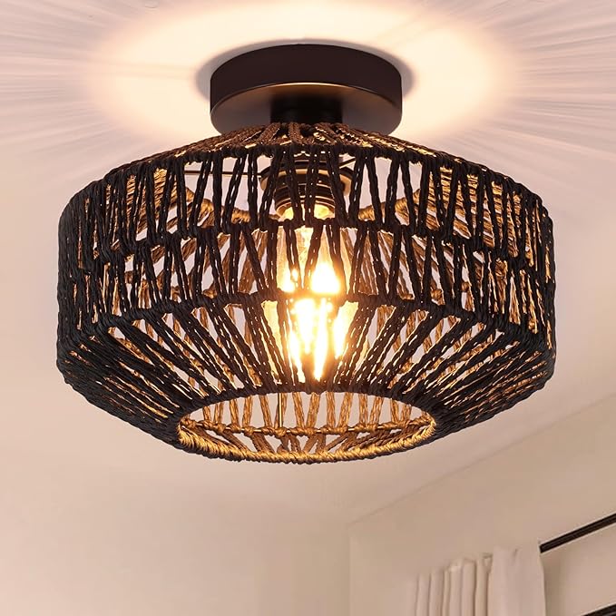 Boho Rattan Ceiling Light Fixture, Mini Rattan Chandelier Lighting Fixture, Hand Woven Ceiling Light Fixtures for Hallway Bedroom Kitchen Entryway Living Room (Black)