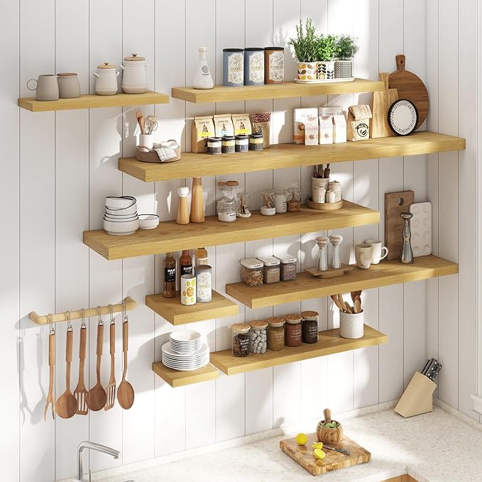 Floating Shelves for Wall with Invisible Brackets, Wall Mounted Engineered Wood Shelves with Wood Grain for Living Room, Bedroom, Bathroom, Kitchen Decor and Storage, Oak, 40"L Set of 2, Oak
