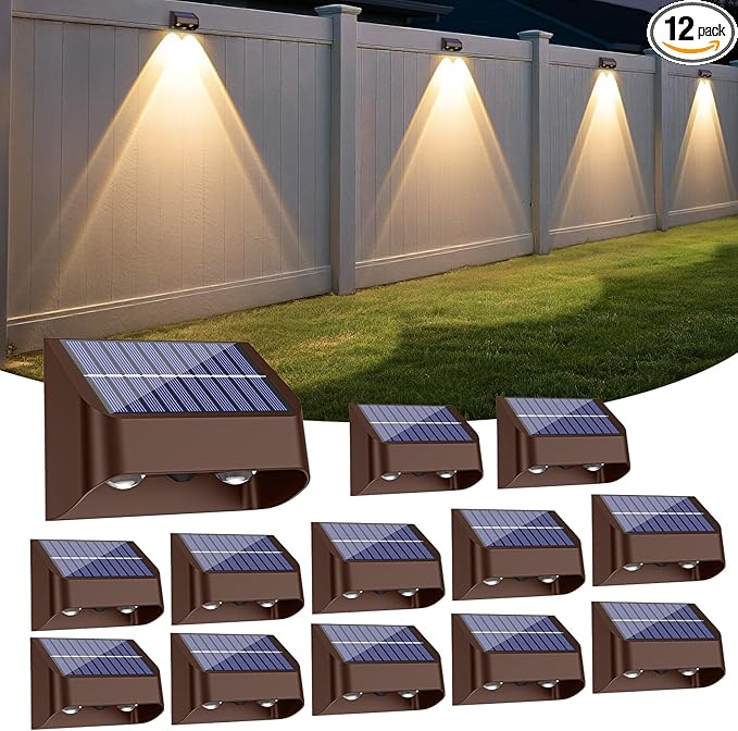 Brighter Solar Fence Lights-3000/4000/6000K 3 Mode,Solar Lights Outdoor Waterproof,Dusk to Dawn Deck Light, Outdoor Lighting for Backyard/Railing/Wall/Step/Patio(12 Pack,Brown)
