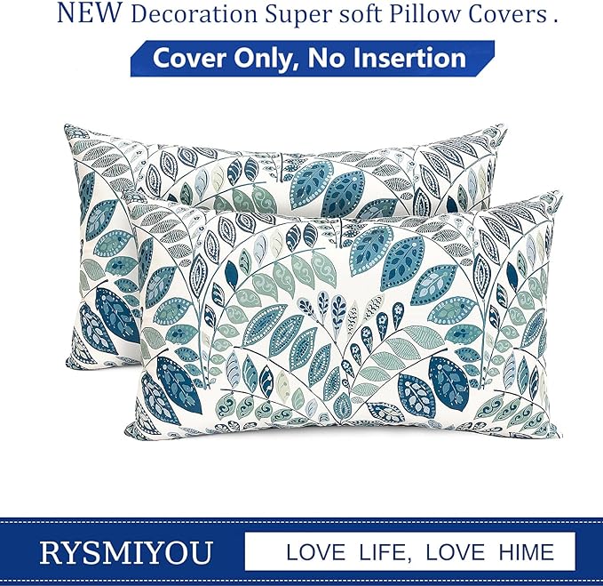 Decorative Throw Pillow Covers Set of 2 Blue Green Small Leaves Pillow Covers 12x20 inch Soft Short Plush Square Floral Throw Pillows,Farmhouse Outdoor Pillow Covers for Couch Living Room