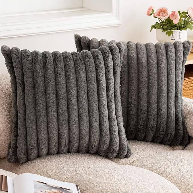 Double-Sided Faux Fur Plush Throw Pillow Covers 24x24 Set of 2 Fuzzy Striped Soft Cozy Pillowcase Luxury Decorative Pillows Square Shaggy Cushion Covers for Couch Sofa Bed,Dark Grey