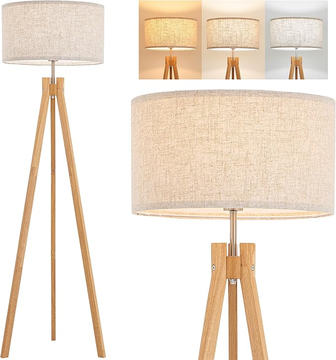 ELYONA Nordic Wood Tripod Floor Lamp, Modern Reading Standing Lamp for Living Room 3 Color Temperatures LED Bulb Included Flaxen Lamp Shade, Boho Natural Wooden floor lamp for Bedroom Office Kids Room