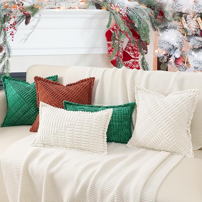 decorUhome Decorative Khaki Throw Pillow Covers 18x18 Set of 2 with Splicing, Boho Soft Neutral Corduroy Broadside Twill Pillow Covers for Couch Bed Sofa Living Room