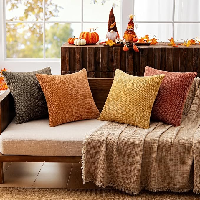 MIULEE Pack of 4 Fall Orange/Yellow Couch Throw Pillow Covers 18x18 Inch Halloween Soft Decorative Chenille Pillows Farmhouse Accent Cushions for Boho Home Decor Spring Sofa Bedroom Living Room