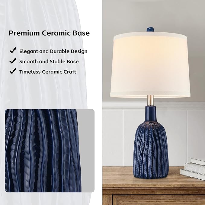 GRUENLICH Ceramic Table Lamp Set of 2 for Nightstand, 22.5" Modern Blue Bedside Lamp with 3 Adjustable Color Temperature, Bedroom Light for Living Room Desk End Table Office (2 LED Bulbs Included)
