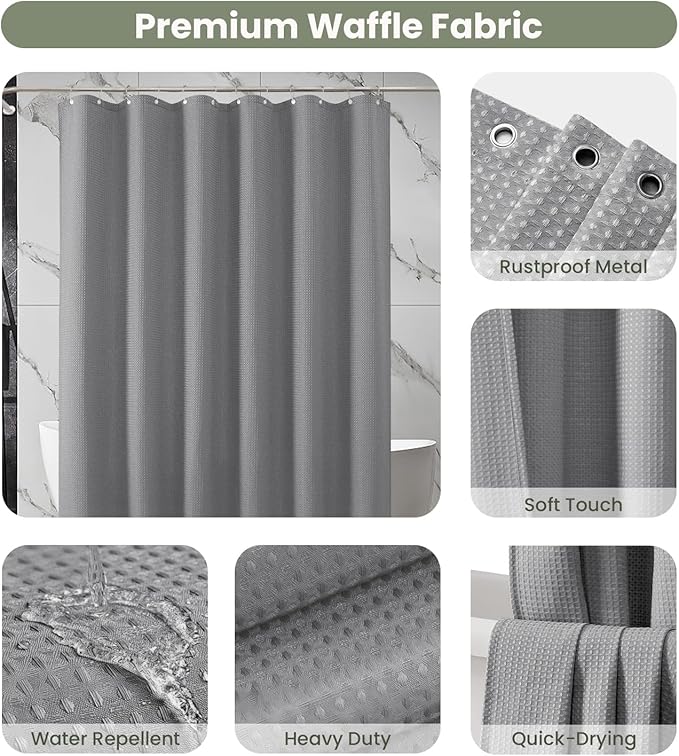 Inhousolu Fabric Shower Curtain Waffle Weave, 230 GSM Heavy Duty, Weighted Hem, 8 Metal Hooks, Water Repellent, Machine Washable, Hotel Spa Luxury Bath Curtain Set, 36 x 72 Inch, Grey