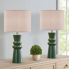 24.75" Green Ceramic Table Lamp Set of 2-3-Way Dimmable Nightstand Lamps with Pallid Shade for Bedroom Farmhouse Bedside Nightstand Bedside Lamp End Table Lamps (Dark Green)