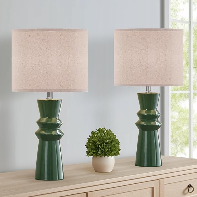 24.75" Green Ceramic Table Lamp Set of 2-3-Way Dimmable Nightstand Lamps with Pallid Shade for Bedroom Farmhouse Bedside Nightstand Bedside Lamp End Table Lamps (Dark Green)