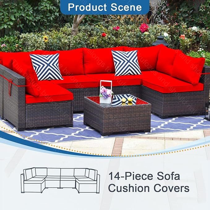 14 PCs Patio Cushion Covers for 7 PCs Outdoor Furniture Sectional Seating Sets Water Resistant Plus 2 Throw Pillows (Red, 24.8(L)*24.8(W)*3.14(T) inches)