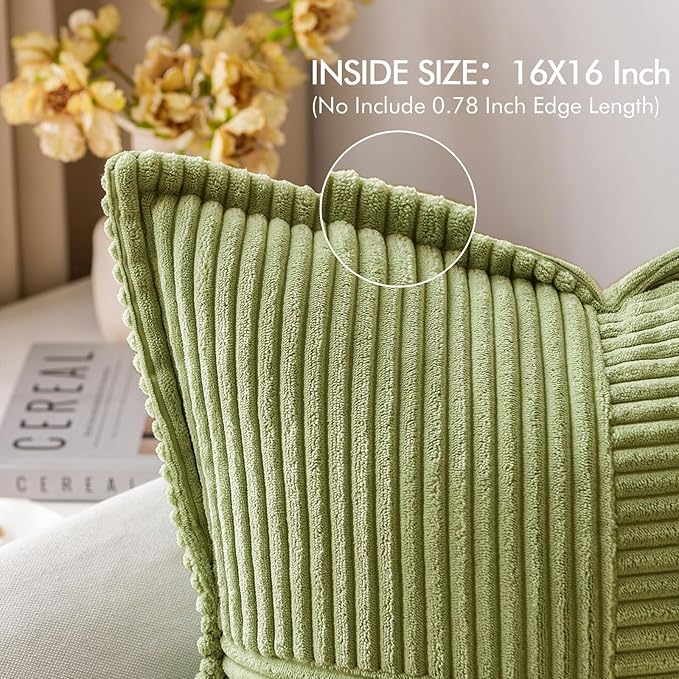 MIULEE Decorative Throw Pillow Covers for Couch Bed Livingroom 16x16 Inch Set of 2 Green Boho Accent Throw Pllows Broadside Striped Patchwork Soft Corduroy Summer Pillowcases