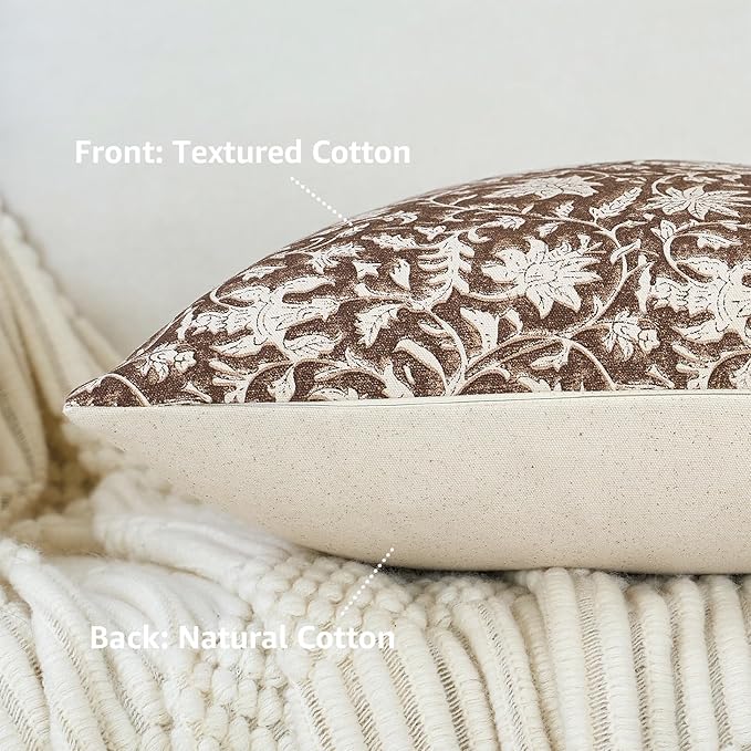 Floral Throw Pillow Covers 24x24 Farmhouse Block Print Pillow Covers Decorative Pillow Covers Couch Pillows for Living Room Vintage Accent Sofa Pillows Set of 2, Brown