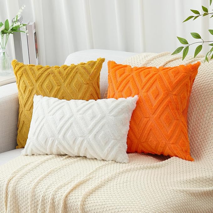 Pallene Orange Throw Pillow Covers 18x18 Set of 2, Soft Plush Faux Fur Decorative Couch Pillow Covers for Sofa Bed Living Room Pillow Cases with 3D Diamond Pattern