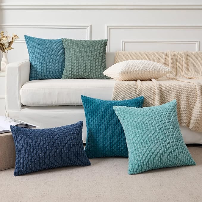 Kevin Textile Decorative Pillow Covers Set of 2 Striped Plush Corduroy Pillows Pillowcases Boho Home Decor Cushion Covers for Couch Sofa Bed Living Room 22x22 Inch, Teal Green