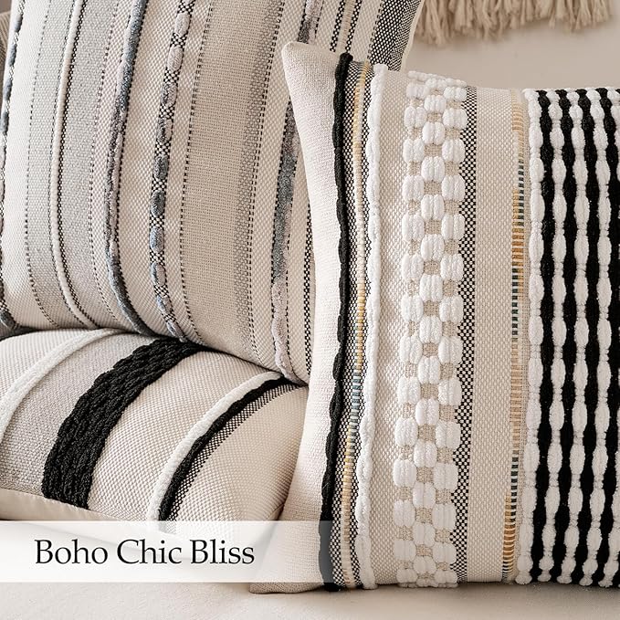 ANRODUO Pack of 2 Boho Decorative Throw Pillow Covers 18x18 Farmhouse Cushion Case Striped Chenille Pillow Cases Square Pillow Covers Accent Neutral Pillowcase for Sofa Couch Bed, Black-White Stripe
