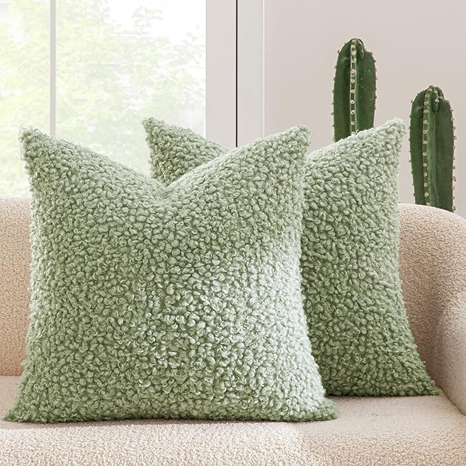 MIULEE Pack of 2 Light Green Faux Fur Throw Pillow Covers 18x18 Inch Boucle Decorative Sherpa Pillow Covers Fuzzy Accent Soft Sheepskin Fleece for Boho Home Decor Sofa Living Room Couch Bed