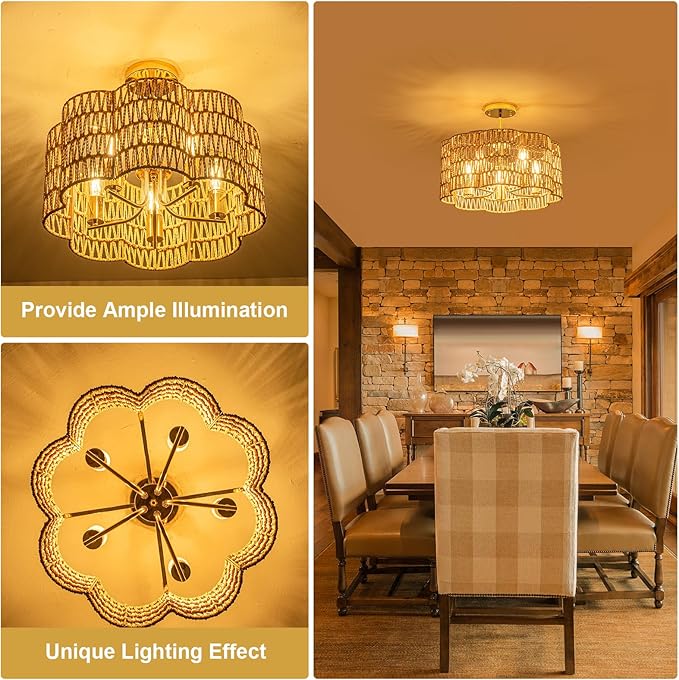 5-Light 19.6'' Convertible Rattan Chandelier - Flush Mount/Pendant Farmhouse Ceiling Light for Dining Room, Adjustable Chain & Dimmable Design