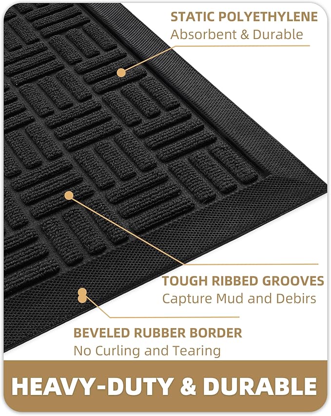 Color&Geometry Front Door Mat Outside Entrance, Heavy Duty Non Slip Low Profile Doormat for Entryway, Trap Dirt and Moisture Welcome Mats All-Weather, Easy Clean, Patio, Garage, 24"x36" Black