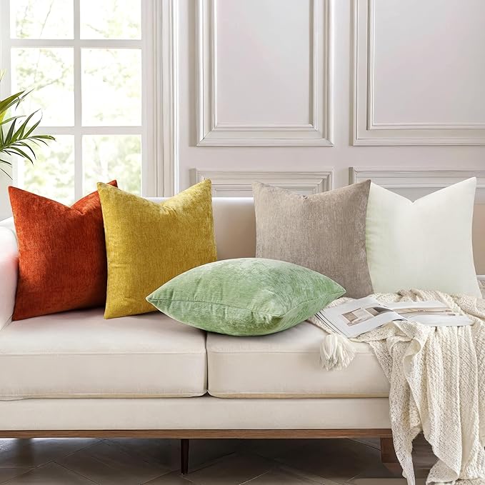 decorUhome Chenille Cream White Throw Pillow Covers 18x18 Inch Set of 2, Decorative Soft Couch Pillow Covers Solid Dyed Accent Velvet Farmhouse Neutral Square Pillow Cases for Sofa Bed Living Room