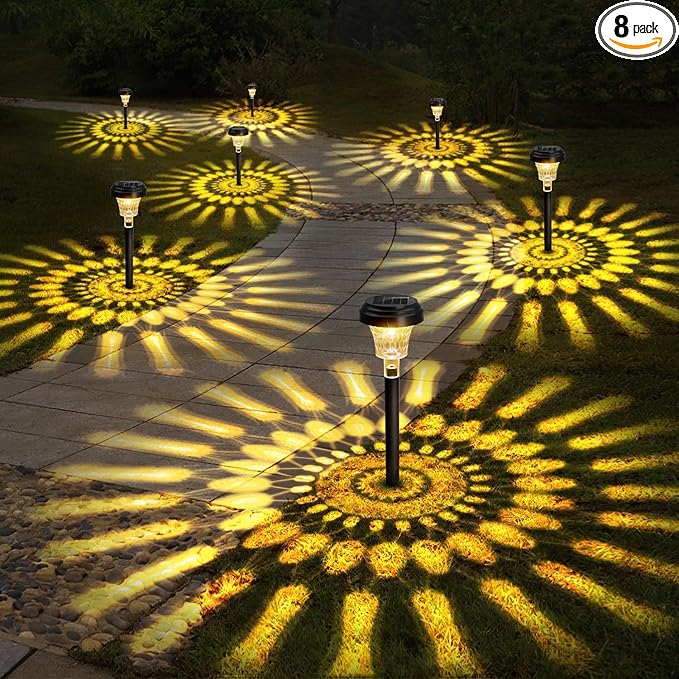 ROOR Ultra Bright Solar Lights 8 Pack, Outdoor Solar Yard Pathway Lights, Warm White IP67 Waterproof LED Garden Lights for Path, Backyard, Christmas, Lawn, Landscape Decorative