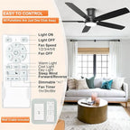 YUHAO 52 Inch Flush Mount Black Ceiling Fan with Light and Remote Control.Noiseless,Dimmable,3CCT,6 Speeds Reversible, Low Profile DC Ceiling Fans for Indoor Use