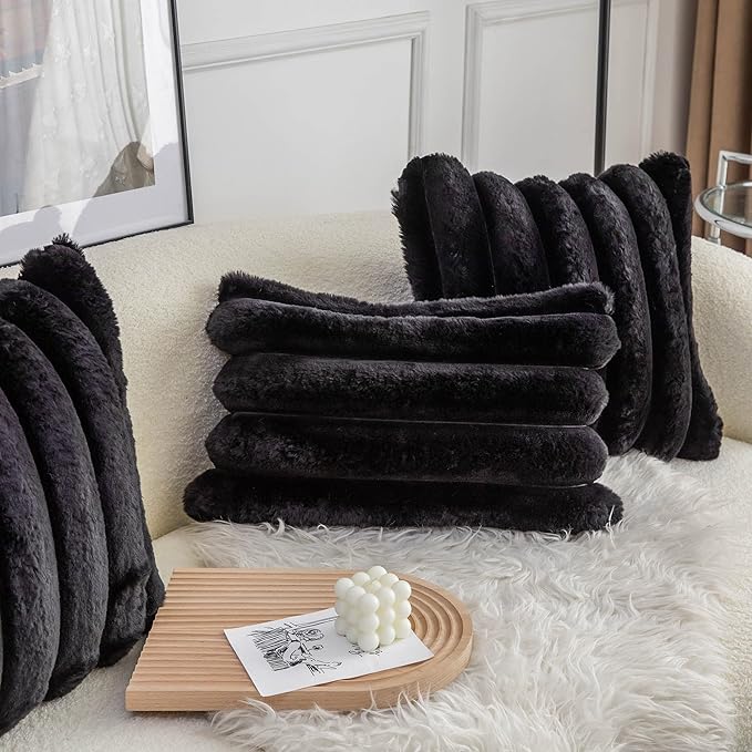 Neelvin Black Faux Fur Cozy Soft Striped Decorative Throw Pillow Covers 16x16 inch Set of 2,Velvet Pillowcase Cushion Case for Sofa Couch
