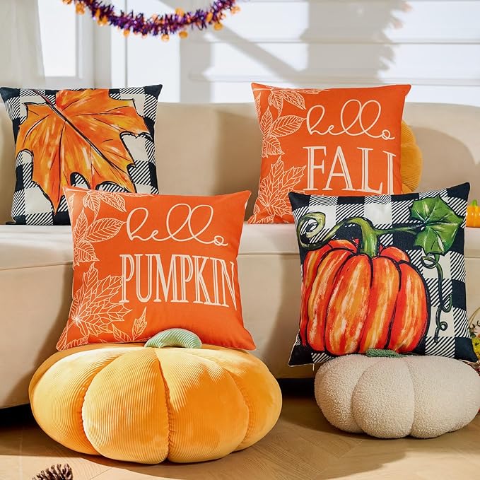 Fall Throw Pillow Covers 18x18 in Set of 4,Pumpkin Linen Pillow Case for Thanksgiving Couch Autumn Holiday Outdoor Burnt Orange Blue White Decorations