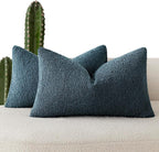 Foindtower Pack of 2 Textured Boucle Throw Pillow Covers Accent Solid Decorative Lumbar Pillow Cases Cozy Couch Cushion Case for Chair Sofa Bedroom Living Room Home Decor 12x20 Inch Dark Blue