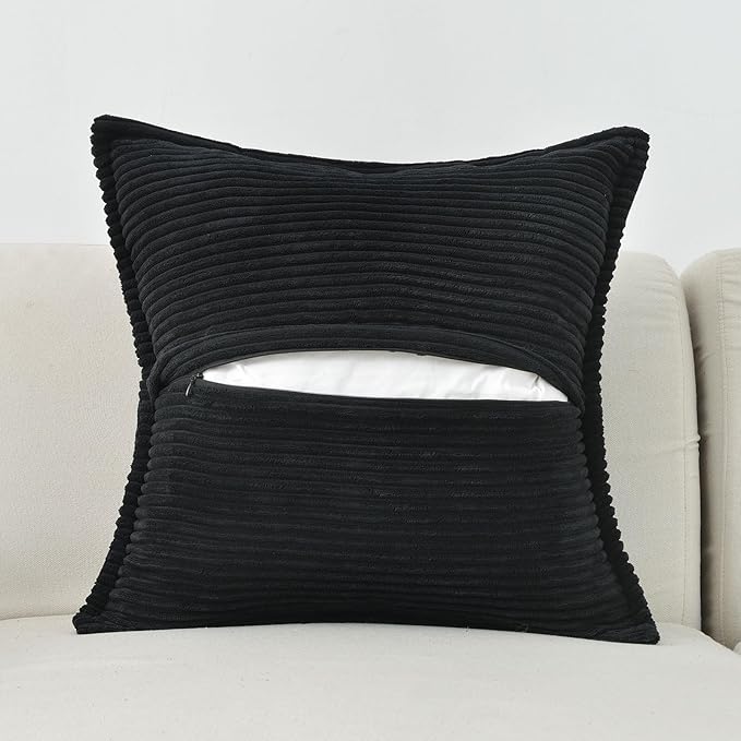 HAUSSY Black Throw Pillow Covers 18x18 Inch Set of 2,Soft Solid Corduroy Striped/Wide Bordered,Square Decorative Cushion Case,Spring Home Decorations for Couch,Bed