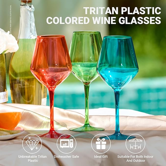 MICHLEY Colored Wine Glasses Set of 6 Long Stem Red White Tritan-Plastic Glassware Gift 15oz for Outdoor Home Party, Orange
