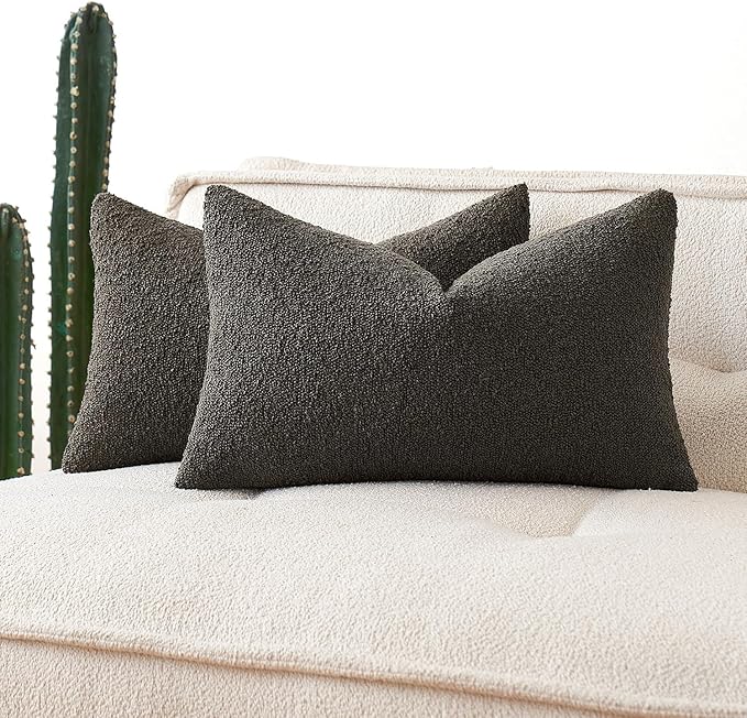MIULEE 12x20 Inch Decorative Lumbar Throw Pillows for Bed Set of 2 Textured Boucle Neutral Winter Throw Pillow Covers Dark Coffee Accent Solid Pillowcases Sofa Livingroom Home Decor