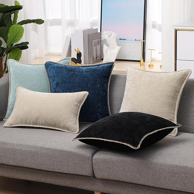 decorUhome Chenille Soft Throw Pillow Covers 18x18 Set of 2, Farmhouse Velvet Neutral Decorative Euro Pillow Covers with Stitched Edge for Couch Sofa Bed Home Decor, Black
