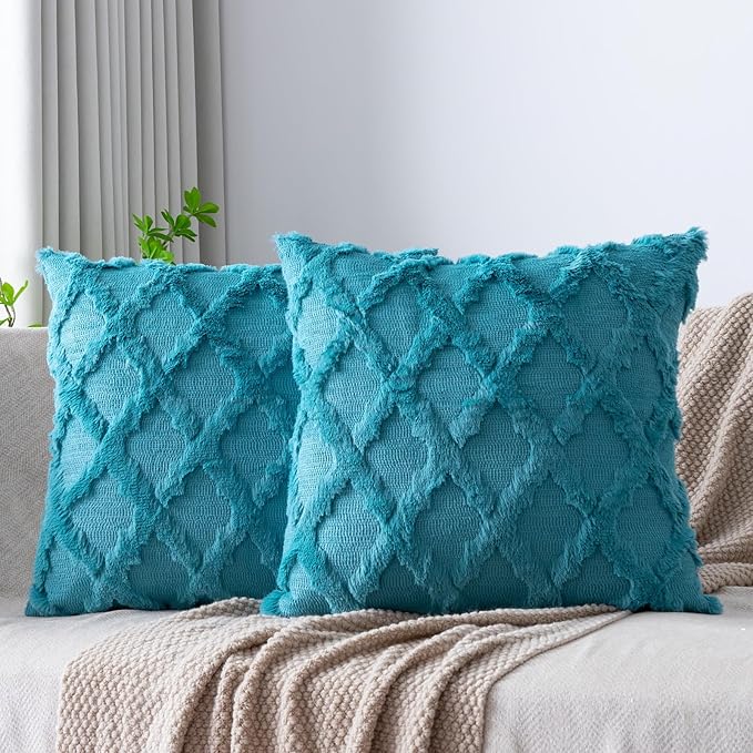 Set of 2 Soft Moroccan Throw Pillow Covers 20x20 Inch Plush Boho Decorative Pillow Cover Accent Cushion Case for Couch Sofa Bed, Teal
