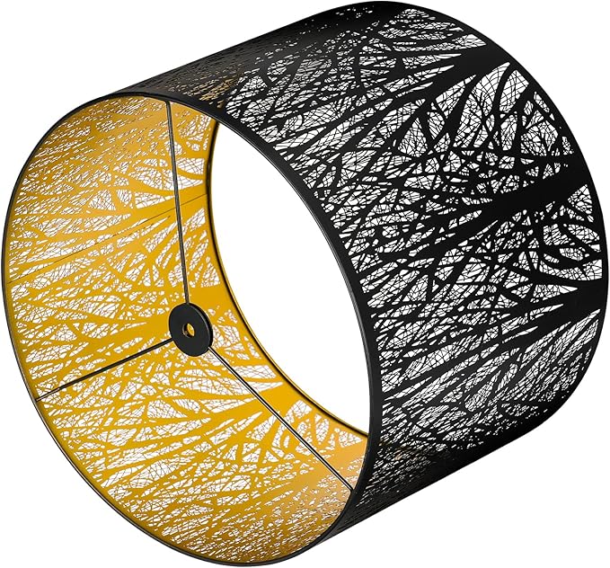 ALUCSET Metal Large Lampshade, Drum Lamp Shade 14" Top x 16" Bottom x 11" High, Lamp Shades for Table and Floor Lamps, Black Gold Finished Etched Forest Replacement Shade, Spider Fitter