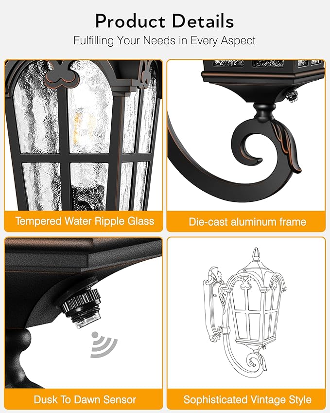 VIANIS Outdoor Lights for Porch, Black Dusk to Dawn Outside Lighting with Gold Trim, Porch Lights Outdoor with Tempered Water Ripple Glass for Garden, Patio, Entryway, Waterproof Anti-Rust
