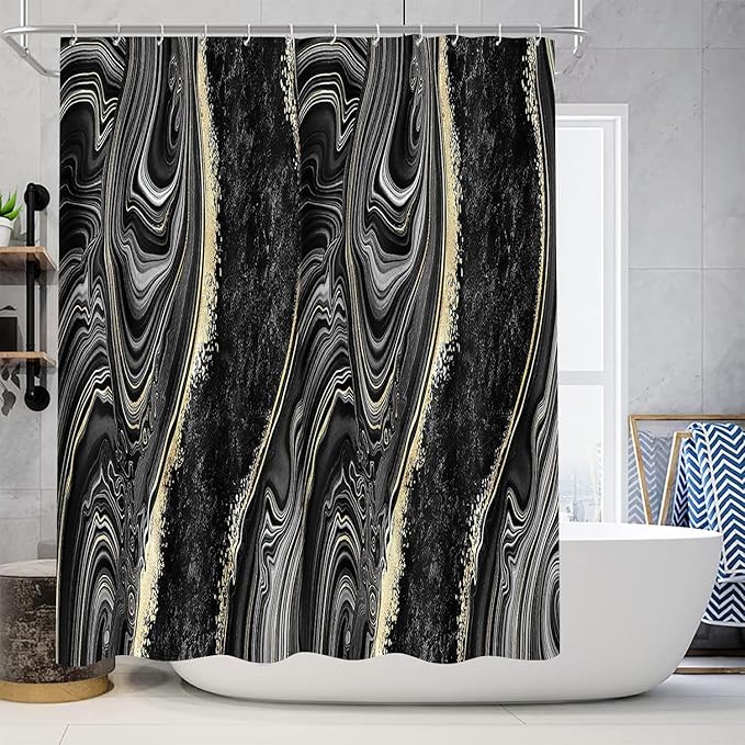 Black Marble Shower Curtain Set with Bath Mat, Toilet Lid Cover, U Shaped Rugs, Modern Abstract Gold Bathroom Decor Accessories, 70.8 x 70.8 inches Fabric, Waterproof, 12 Hooks.