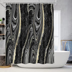 Black Marble Shower Curtain Set with Bath Mat, Toilet Lid Cover, U Shaped Rugs, Modern Abstract Gold Bathroom Decor Accessories, 70.8 x 70.8 inches Fabric, Waterproof, 12 Hooks.