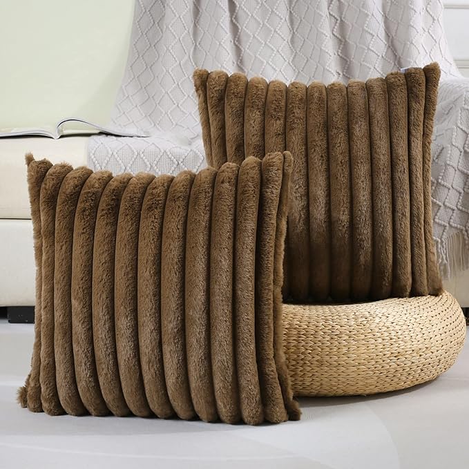 FUTEI Tan Striped Decorative Throw Pillow Covers 16x16 Inch Set of 2,Square Winter Decorations Couch Pillow Case,Soft Cozy Faux Rabbit Fur & Velvet Back,Modern Home Decor for Bed