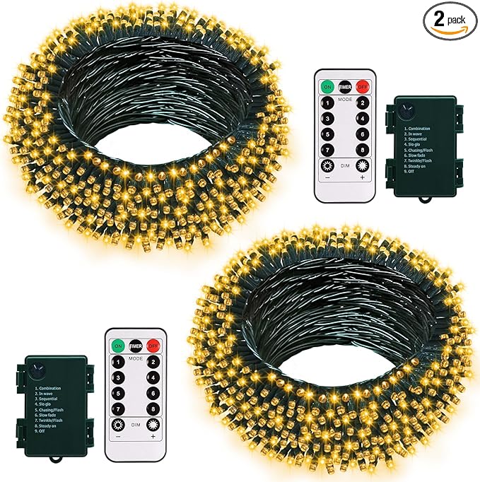 2 Pack Christmas String Lights Battery Operated, 33Ft 100 LED Fairy Lights Waterproof Green Wire Wreath lights Tree Lights with Remote 8 Modes Timer for Bderoom Wedding Decoration (Warm White)