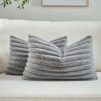 FUTEI Grey Striped Decorative Throw Pillow Covers 12x20 Inch Set of 2,Rectangle Winter Decorations Couch Lumbar Pillowcase,Soft Cozy Faux Rabbit Fur & Velvet Back,Modern Home Decor for Bed
