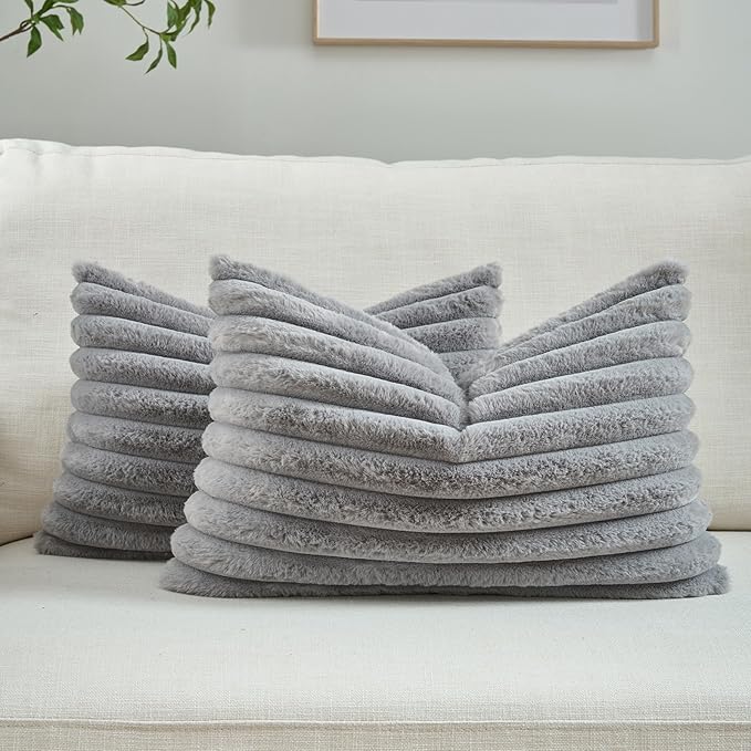 FUTEI Grey Striped Decorative Throw Pillow Covers 12x20 Inch Set of 2,Rectangle Winter Decorations Couch Lumbar Pillowcase,Soft Cozy Faux Rabbit Fur & Velvet Back,Modern Home Decor for Bed