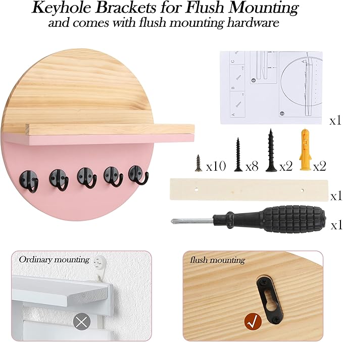 Pink Key Holder for Wall with Shelf - Wood Mail Organizer and Rack with Shelf Hooks Wall Mounted for Entryway Decor Magazines Letter Storage Farmhouse Living Room Bedroom Doorway