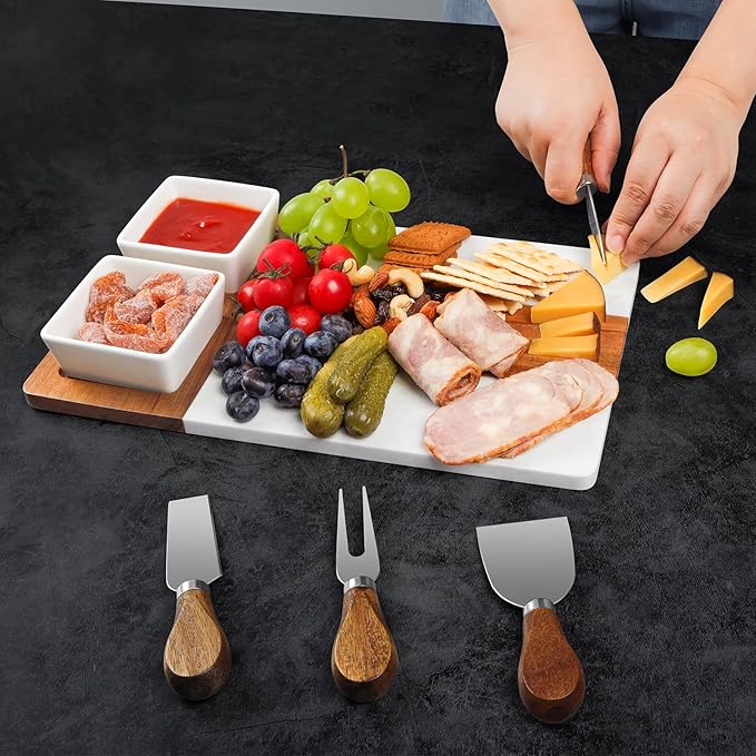 Marble Charcuterie Board, Charcuterie Boards, Cheese Boards, 13" Wood - Marble Cheese Board Set for House Warming Gifts New Home, Couples 2025, Bridal Shower, Hostess Gifts for Couple