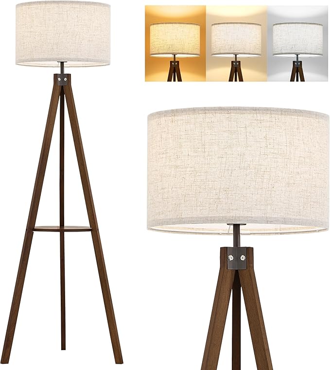 ELYONA Tripod Floor Lamp with Table, Mid Century Wood Shelf Standing Light Modern Tall Floor Lamp with Linen Shade for Living Room Bedroom Office,Dark Brown, 3 Color Temperatures LED Bulb Include