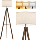 ELYONA Tripod Floor Lamp with Table, Mid Century Wood Shelf Standing Light Modern Tall Floor Lamp with Linen Shade for Living Room Bedroom Office,Dark Brown, 3 Color Temperatures LED Bulb Include