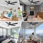 YUHAO 52 Inch Flush Mount Black Ceiling Fan with Light and Remote Control.Noiseless,Dimmable,3CCT,6 Speeds Reversible, Low Profile DC Ceiling Fans for Indoor Use