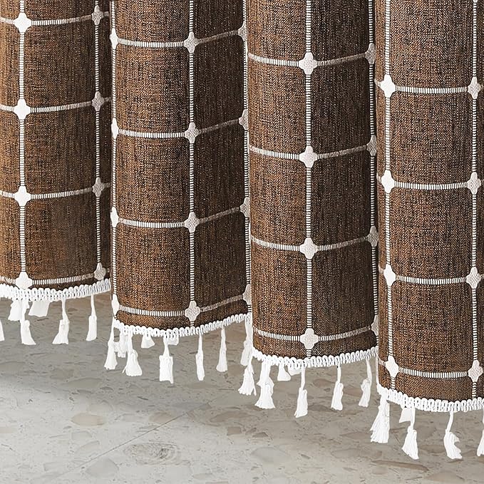 MitoVilla Brown 36 x 72 Boho Small Stall Shower Curtain, Narrow Polyester Linen Fabric Shower Curtains for Farmhouse Bathroom Decor, Half Size Cloth Shower Curtain Set with Hooks