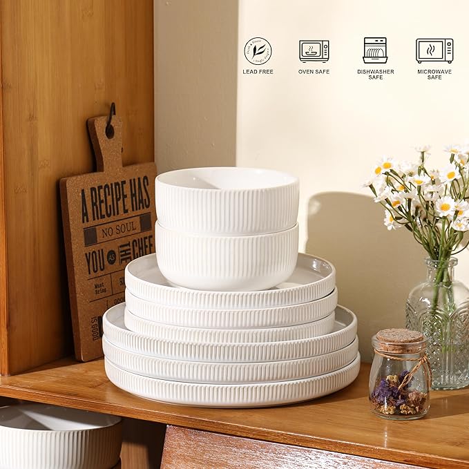 Frewinky Ceramic Dinnerware Sets for 8, Round Reactive Glaze Porcelain Plates and Bowls Sets, Scratch Resistant Modern Dishes Set, Dishwasher & Microwave Safe, Service for 8-White