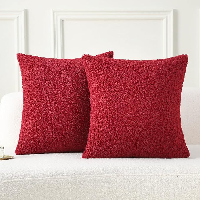 FUTEI Maroon Throw Pillow Covers 26x26 Inch Set of 2,Furry Faux Fur Teddy Boucle Textured Cushion Covers,Soft Fluffy Decorative Euro Pillow Shams,Home Decor for Couch Bed Living Room Office Car